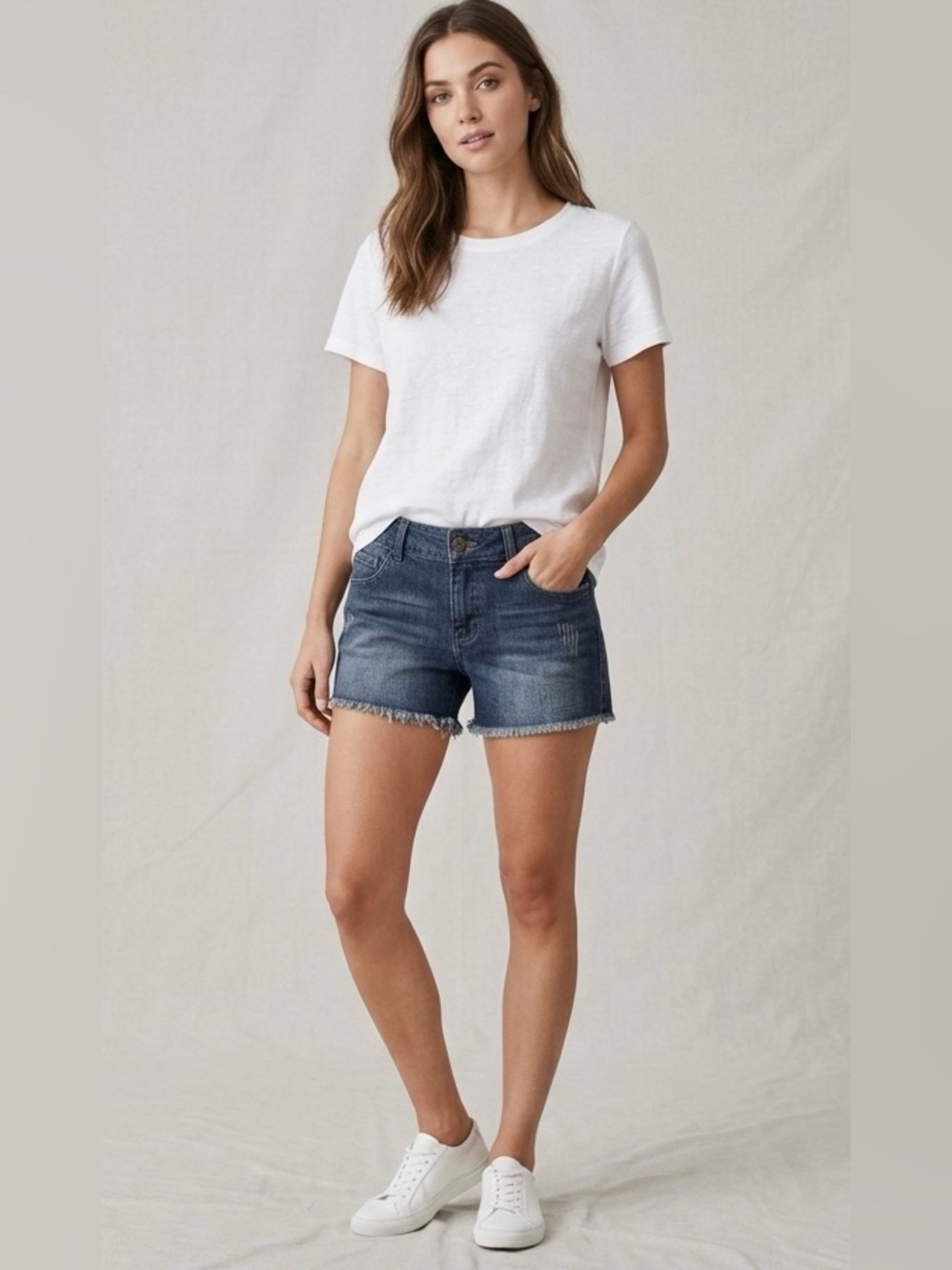 Olsenboye Dark Blue Frayed Hem Denim Shorts